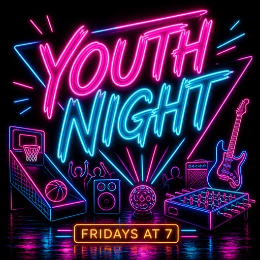 A church graphic reading “YOUTH NIGHT”, in the Neon look