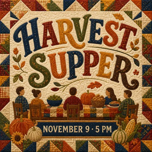 A church graphic reading “HARVEST SUPPER”, in the Patchwork look