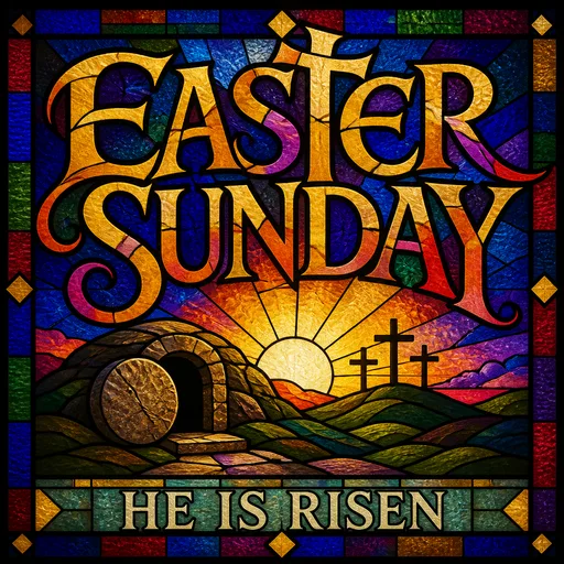 A church graphic reading “EASTER SUNDAY”, in the Stained glass look
