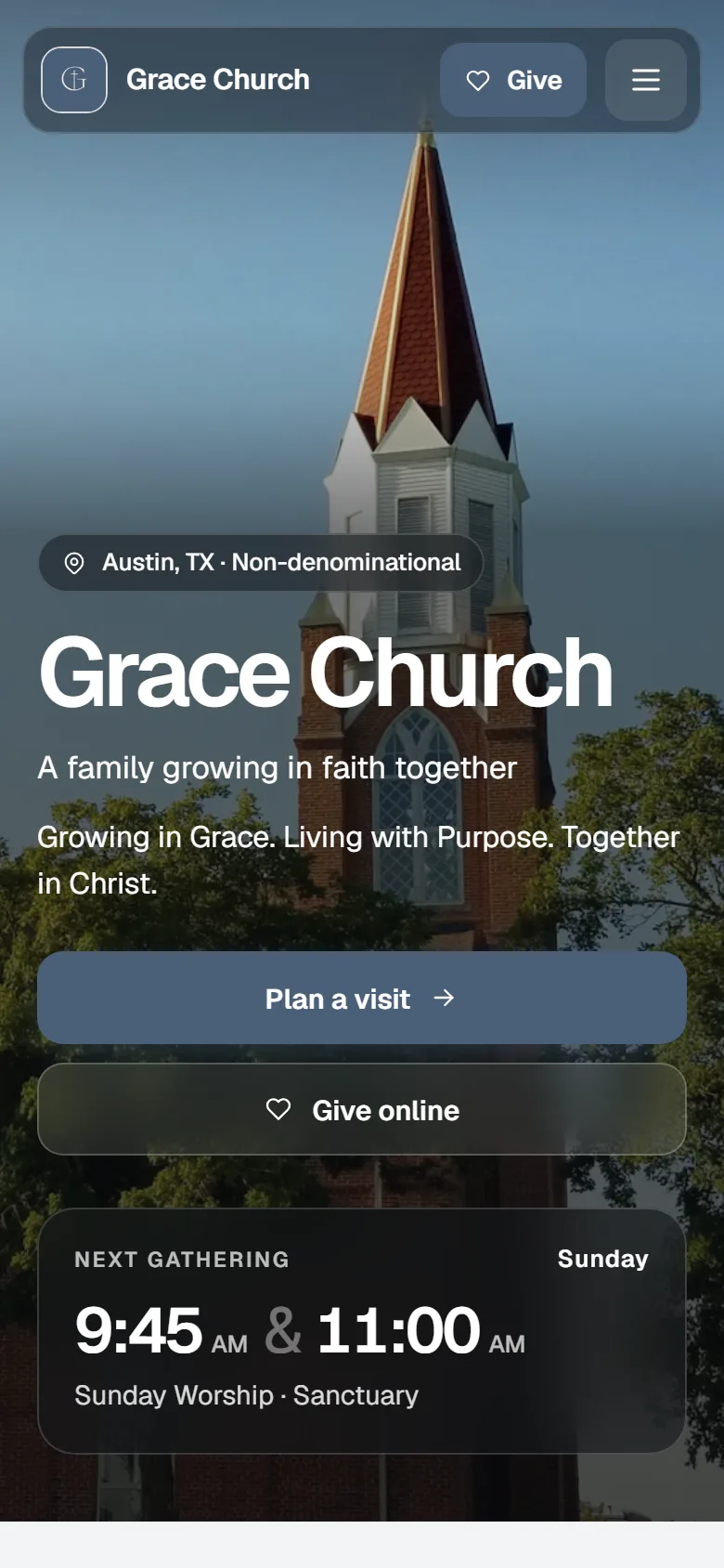 Grace Church’s home page in the Bright look, on a phone