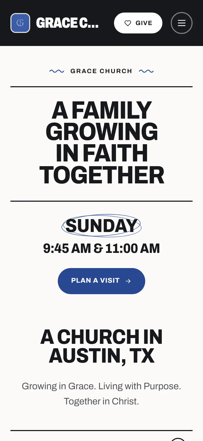 Grace Church’s home page in the Broadside look, on a phone