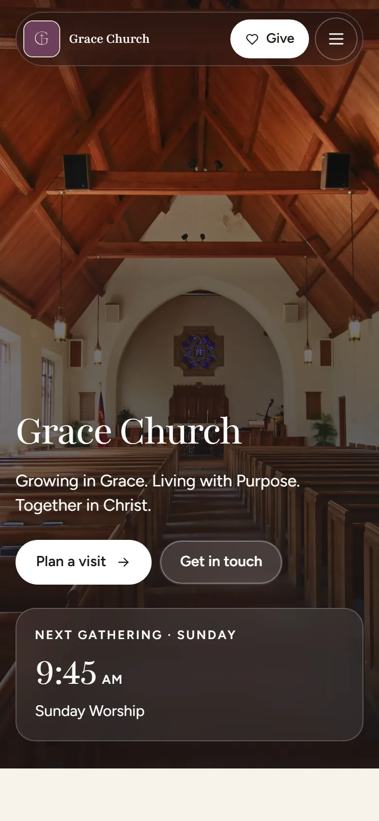 Grace Church’s home page in the Evensong look, on a phone