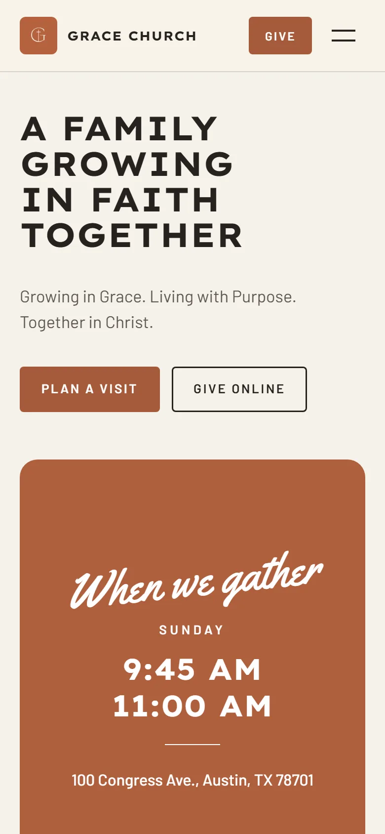 Grace Church’s home page in the Mesa look, on a phone