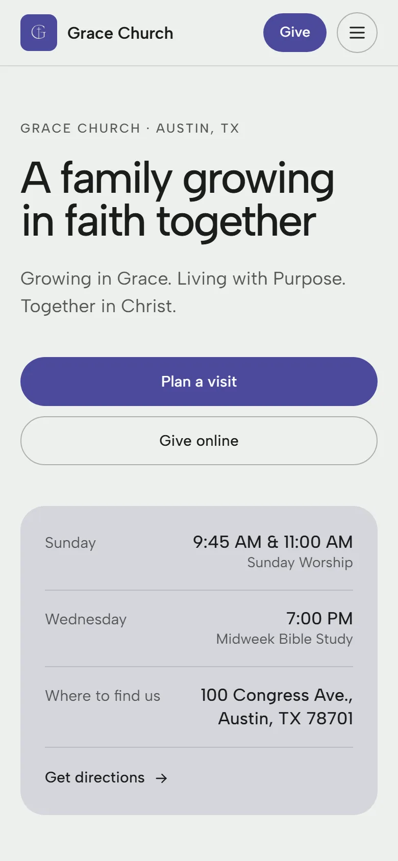 Grace Church’s home page in the Timberline look, on a phone